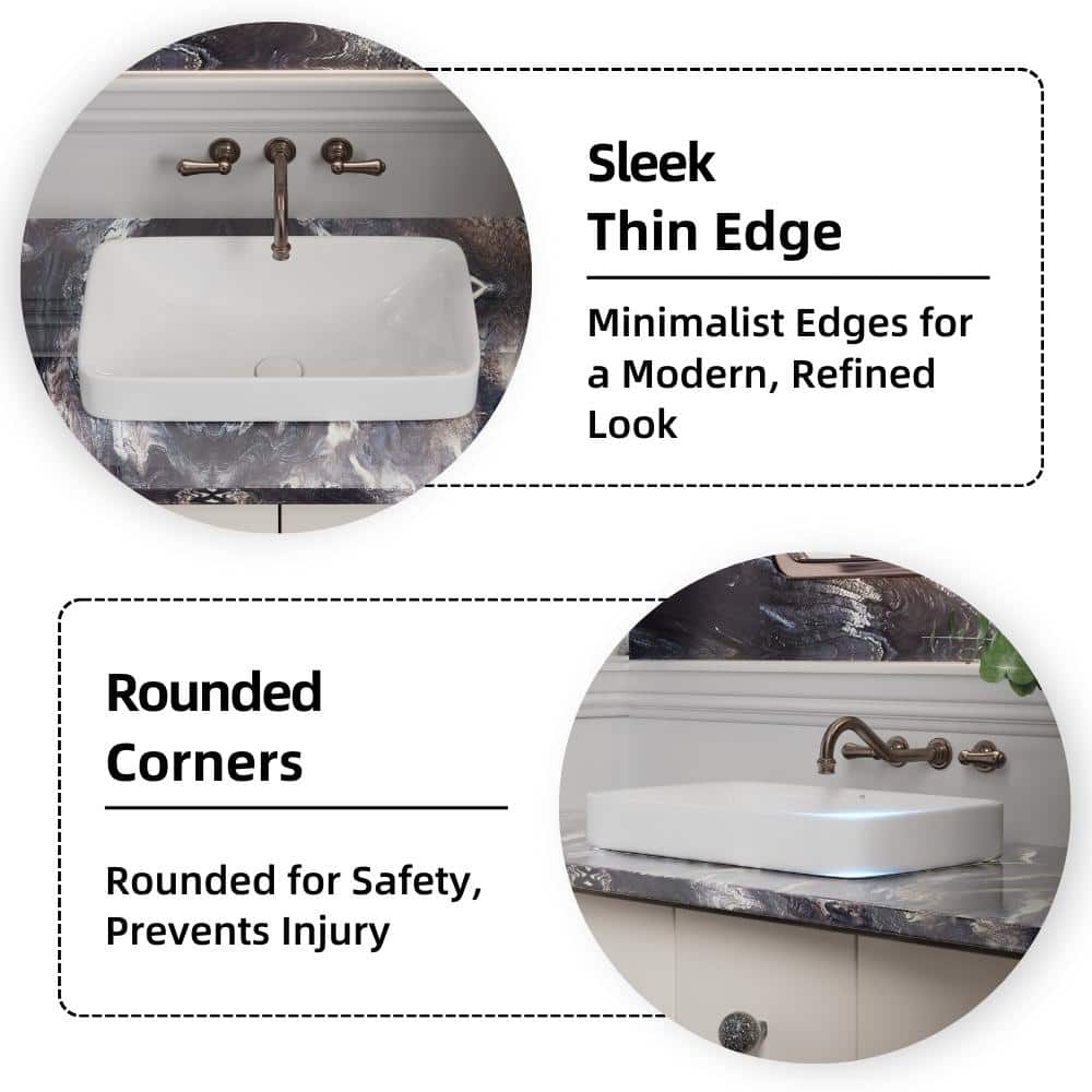 Glossy White Ceramic Rectangular Drop-In Bathroom Sink