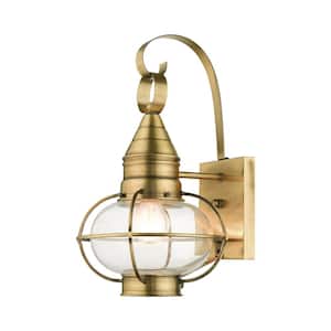 Hennington 14.75 in. 1-Light Antique Brass Outdoor Hardwired Wall Lantern Sconce with No Bulbs Included