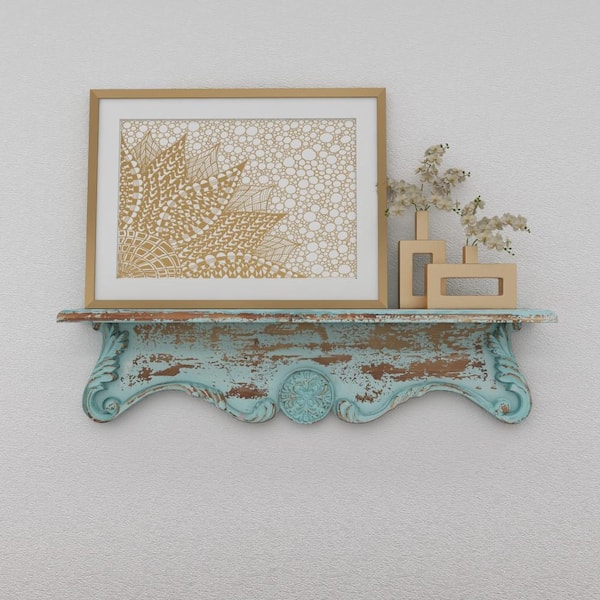 Litton Lane 32 in. W x 4 in. D Blue Distressed Wood Decorative Wall Shelf