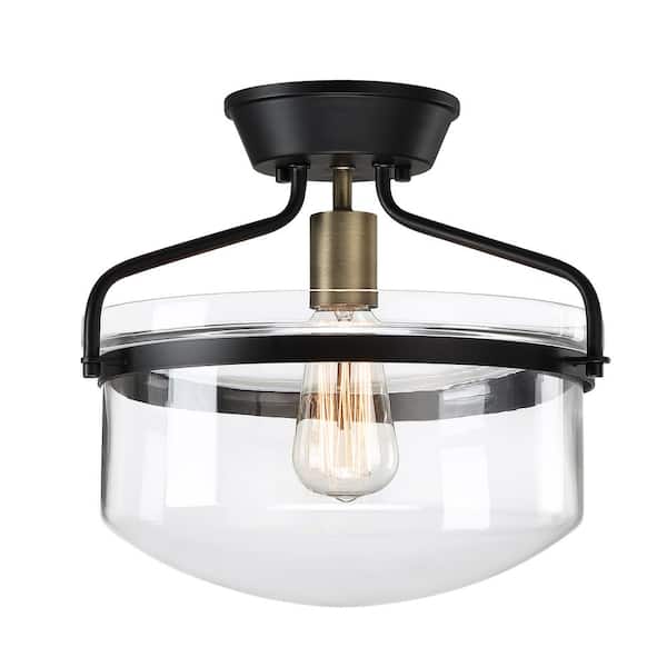 Logmey 1-Light 13.38 in. Black Farmhouse Semi Flush Mount Ceiling Light Chandelier with Clear Glass Shade