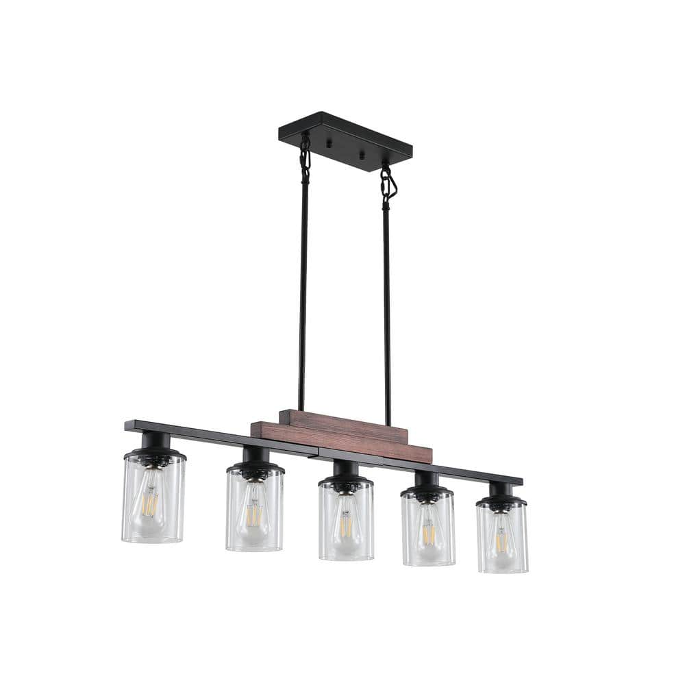 5-Light Metal Black Chandelier with Clear Glass Shades, Adjustable Height H