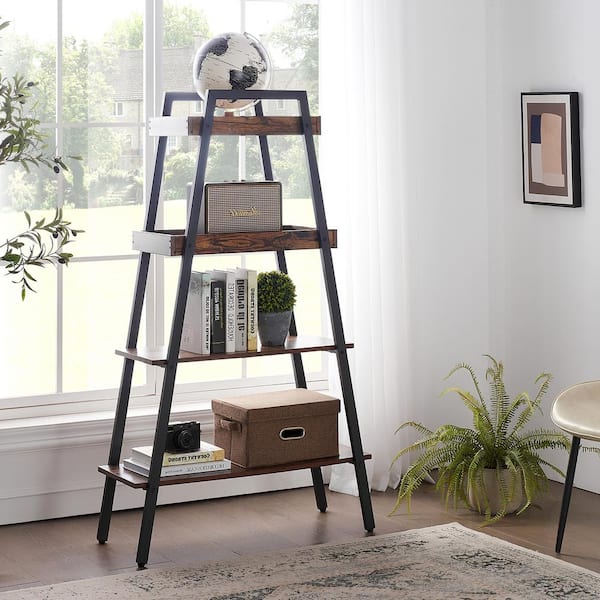 A-Frame Bookshelf, 4-Tier Open Shelf Ladder Bookshelf Storage Rack - Brown