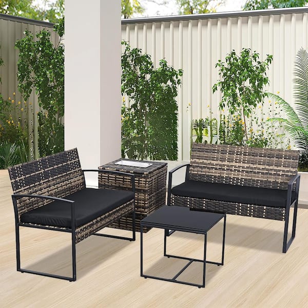 4-Piece Yellow Wicker Patio Conversation Set with Black Cushions and 1 Coffee table