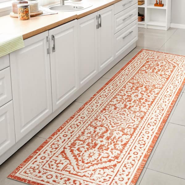 Sinjuri Medallion Textured Weave Orange/Cream 2 ft. x 8 ft. Indoor/Outdoor Runner Rug