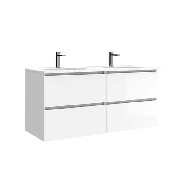 WS Bath Collections Flora 47.6 in. W x 18.1 in. D x 22.2 in. H Double Sink Wall Mounted Bath Vanity in Gloss White with White Ceramic Top