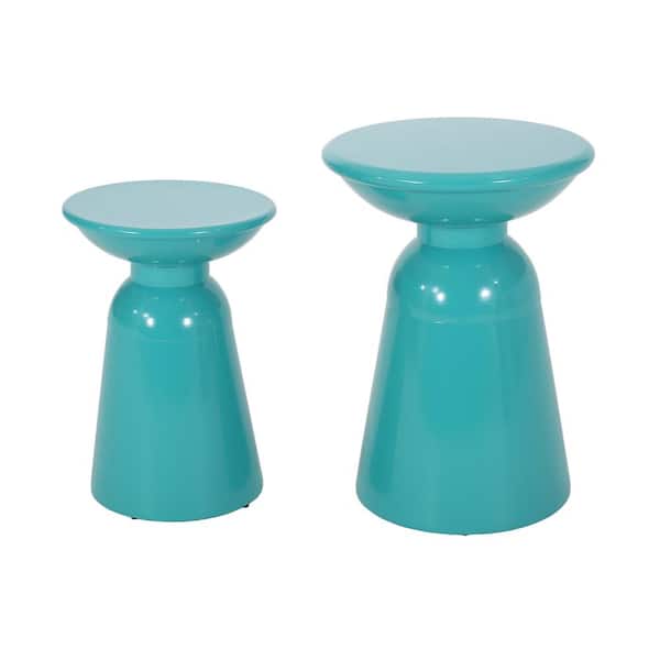 Noble House Aston Teal Pedestal Metal Outdoor Side Table (Set of 2)