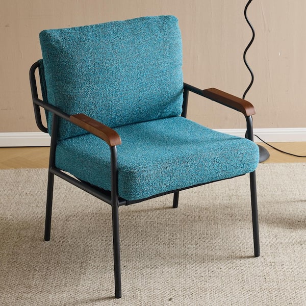 Karl home Blue Linen Arm Chair with Solid Wood Handrail