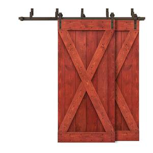 84 in. x 84 in. X Series Bypass Cherry Red Stained Solid Pine Wood Interior Double Sliding Barn Door with Hardware Kit