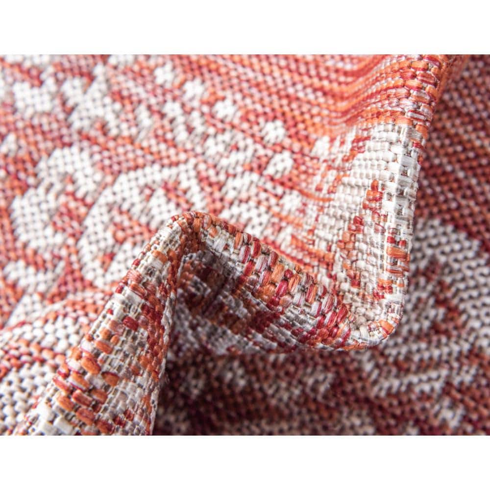 Rust Red Floral Easy-Care Outdoor Synthetic Runner Rug