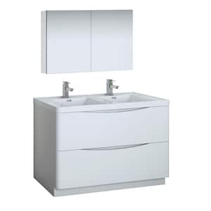 Tuscany 48 in. Modern Double Bathroom Vanity in Glossy White with Vanity Top in White with White Basin,Medicine Cabinet