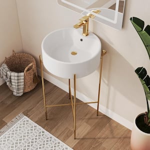 18 in. L x 18 in. W Ceramic Round Bathroom Console Sink in White with Golden Legs and Overflow