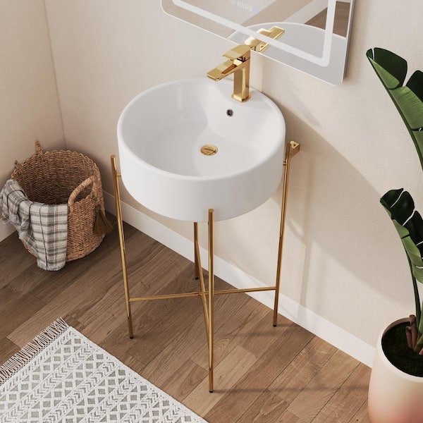 18 in. L x 18 in. W Ceramic Round Bathroom Console Sink in White with Golden Legs and Overflow