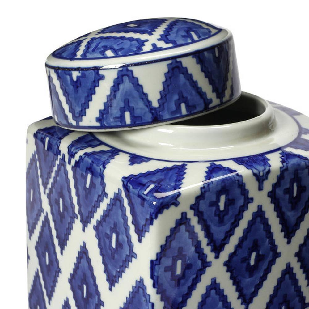 Blue and White Ceramic Diamond Pattern Ginger Jar with Lid
