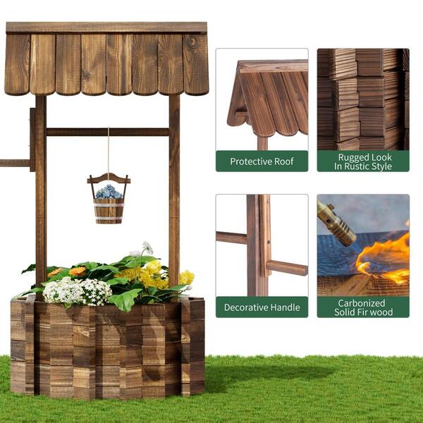 Sizzim 25 in. W Outdoor Wishing Well Wooden Planter with Hanging Bucket for Garden, Yard Decor, Upgrade - Reinforced Base, Brown