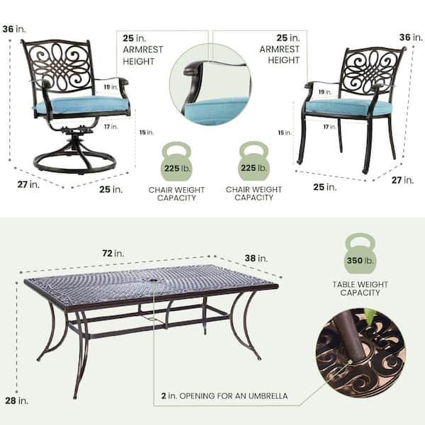 Traditions 7-Piece Aluminum Outdoor Rectangular Patio Dining Set and 2 Swivel Rockers with Blue Cushions