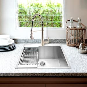Handmade All-in-One Drop-in Stainless Steel 25 in. x 22 in. 1-Hole Single Bowl Kitchen Sink with Spring Neck Faucet