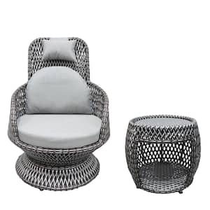 Double-stranded Crafted Wicker Outdoor Recliner with Glass Top Table and Gray Cushions