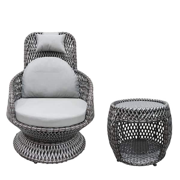 TWT Double-Stranded Hand-Woven Wicker Outdoor Lounge Chair Glass Top Table Gray Cushions
