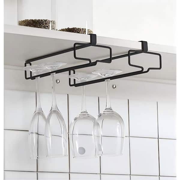 2-Pack Under Cabinet Iron Wine Glass Holder, Hanging Storage Rack Organizer for Kitchen, Black