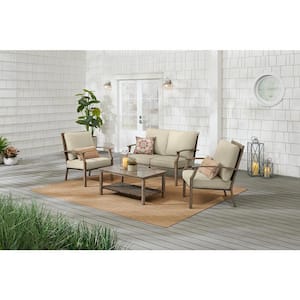 Geneva 4-Piece Wicker Outdoor Patio Conversation Deep Seating Set with CushionGuard Putty Tan Cushions
