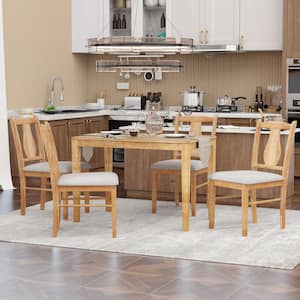 5-Piece Natural Wood Oak Veneer Rectangle Dining Table Set with 4 Upholstered Chairs for Kitchen and Dining Room