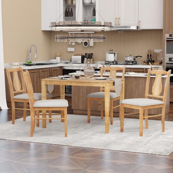 Harper & Bright Designs 5-Piece Natural Wood Oak Veneer Rectangle Dining Table Set with 4 Upholstered Chairs for Kitchen and Dining Room