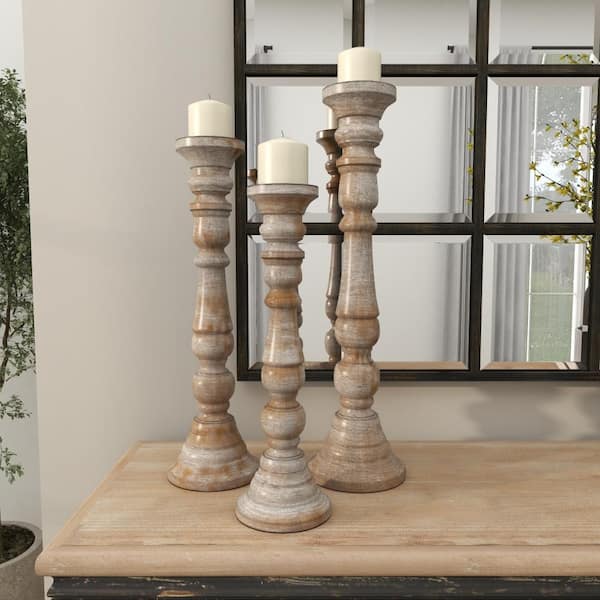 Litton Lane Brown Mango Wood Candle Holder with Turned Style (Set of 3)