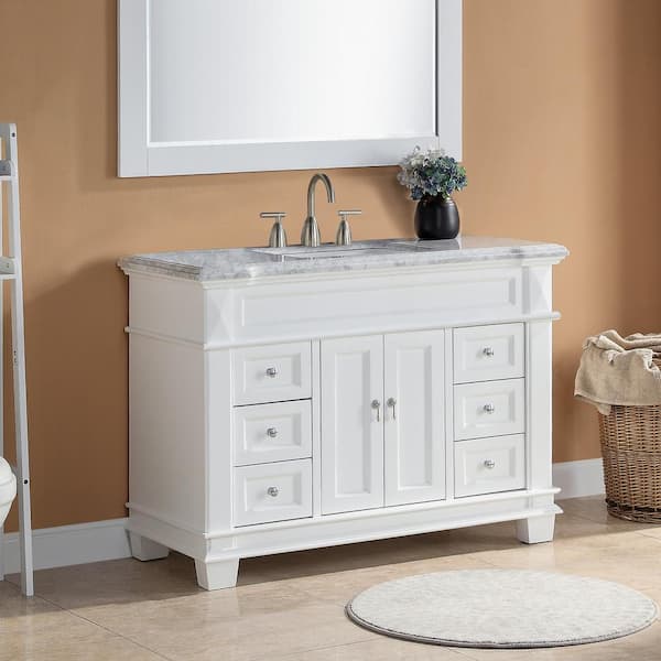 Dorian 48 in. W x 22 in. D x 35.63 in. H Single Sink Freestanding Bath Vanity in Matte White with Carrara Marble Top