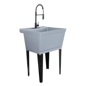 22.875 in. x 23.5 in. Thermoplastic Floor Mount Utility Sink in Grey with High-Arc Matte Black Coil Pull-Down Faucet