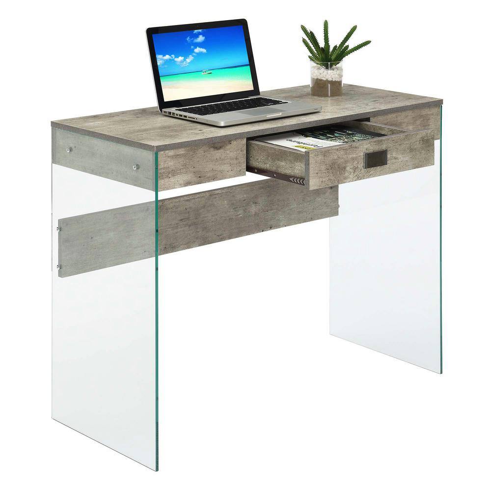 Weathered Gray Faux Birch 36" Glass Desk with Drawer