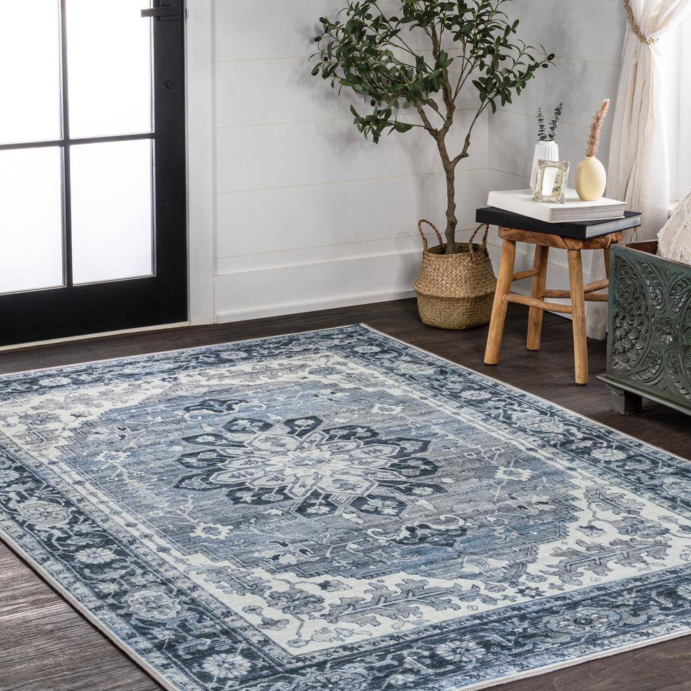 Blue and Cream Medallion Washable Synthetic Area Rug 8' x 10'