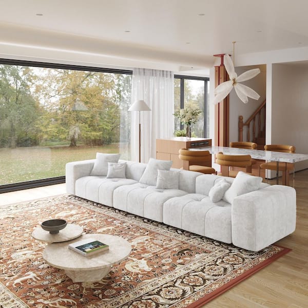 J&E Home 144 in. Square Arm Oversized Linen 3-piece Sponge Modular Sectional Sofa with Soft Cushion in. White