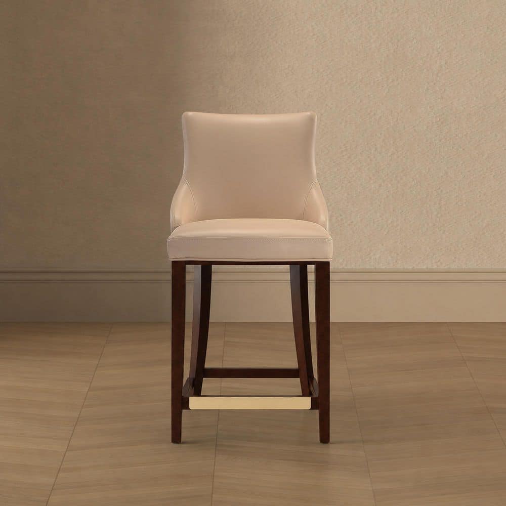 Shubert 25.98 in. Tan Beech Wood Counter Stool with Faux Leather Upholstered Seat