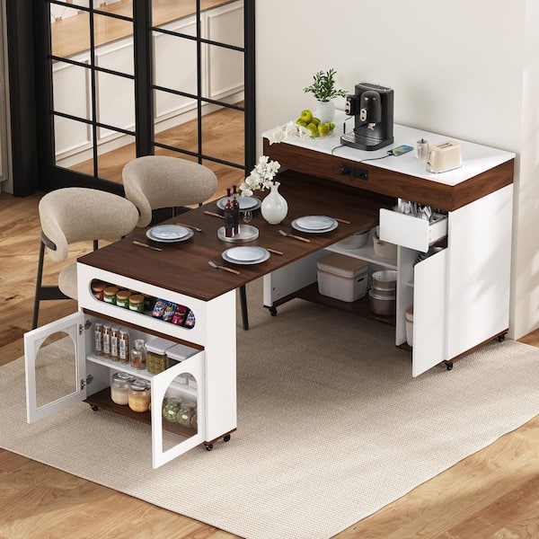 Creamy White and Walnut Wood Column Extendable Dining Table Seat 4, Rolling Kitchen Island with Power Outlet, Brake Lock