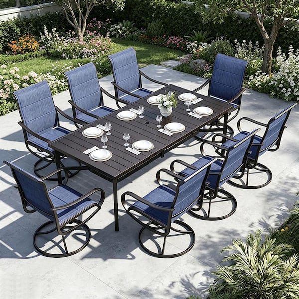 Black Metal 9-Piece Metal Outdoor Patio Dining Set with Slat Rectangular Table and Padded Blue Textilene Swivel Chairs
