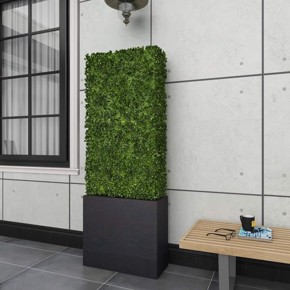 Green Plastic Boxwood Hedge Topiary with Black Planter Box
