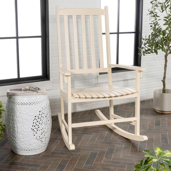 JONATHAN Y Seagrove Farmhouse Classic Slat-Back 350 lbs. Support Acacia Wood Outdoor Rocking Chair, Almond