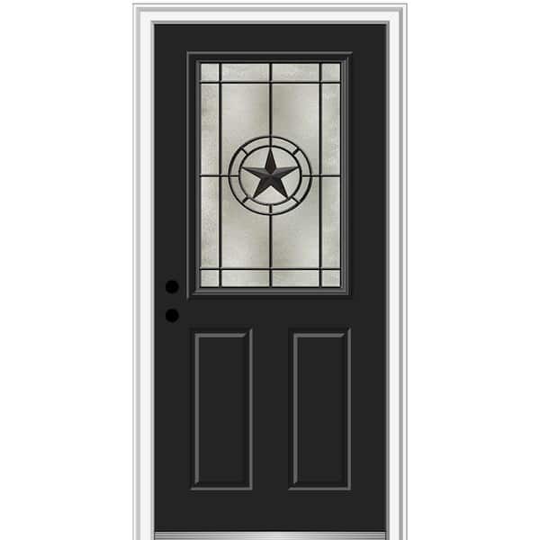 MMI DOOR Elegant Star 36 in. x 80 in. 2-Panel Right-Hand 1/2 Lite Decorative Glass Black Painted Fiberglass Prehung Front Door