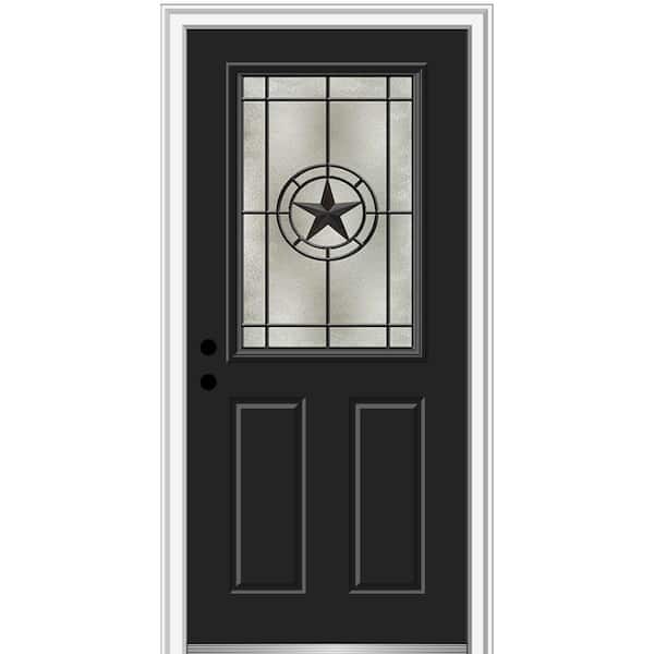 MMI Door Elegant Star 36 in. x 80 in. 2-Panel Right-Hand 1/2 Lite Decorative Glass Black Painted Fiberglass Prehung Front Door