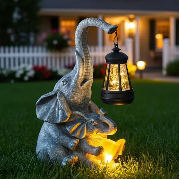 Elephants Garden Statue with Solar Lantern L0FG2H6CCW - The Home Depot