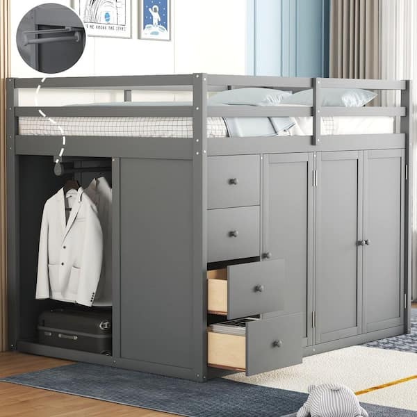 Gray Full Wood Loft Bed with Built-in Wardrobes, Cabinets and Drawers