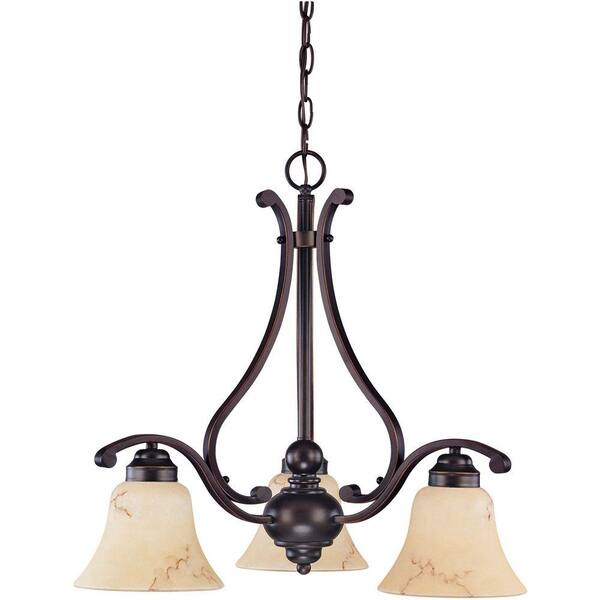 Glomar 3-Light Copper Espresso Chandelier with Honey Marble Glass Shade