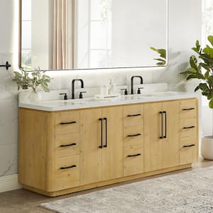 Serene 84 in. Double Freestanding Nature Brown Bath Vanity with Grain White Engineered Stone Top Assembled