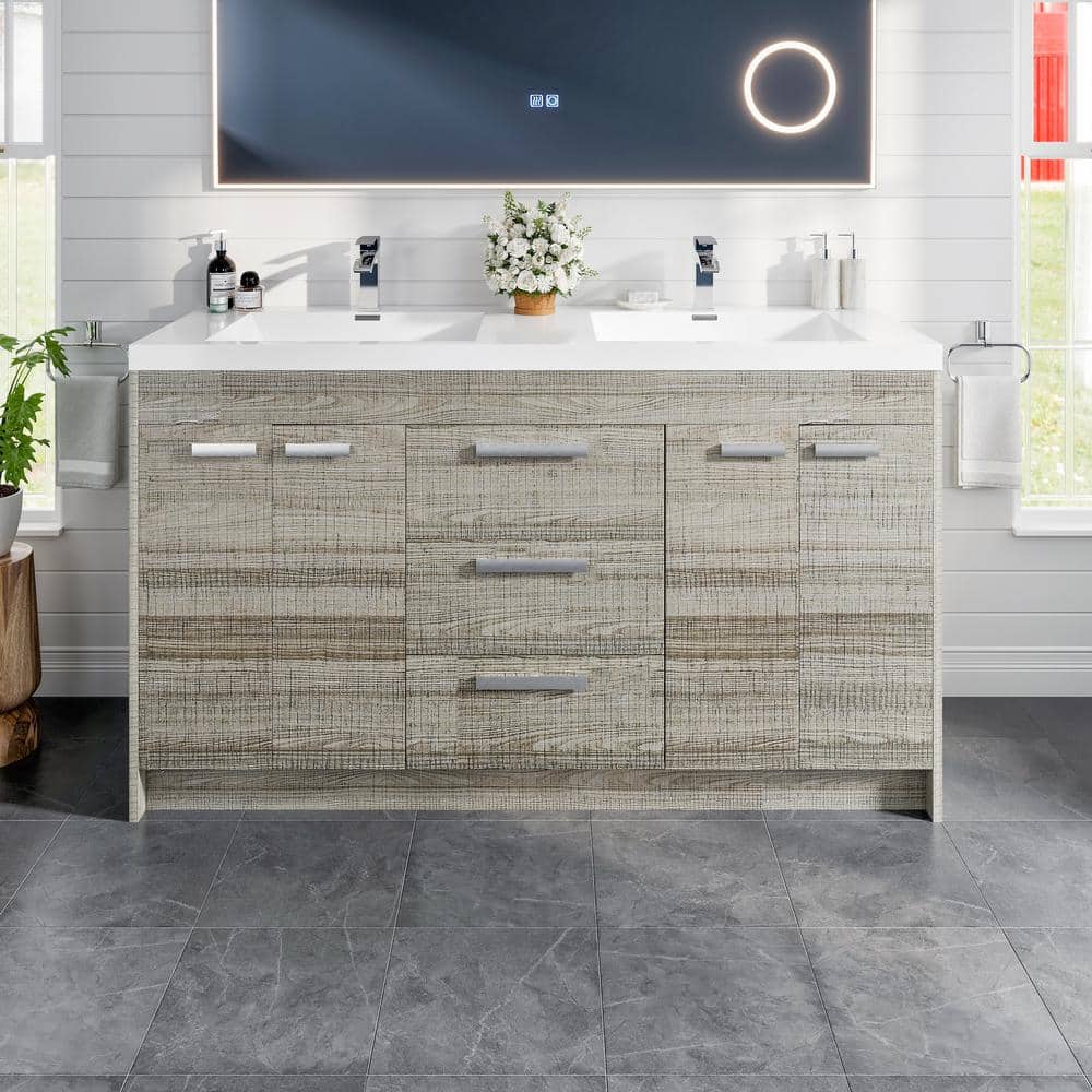 Ash Modern Freestanding Double Bathroom Vanity with White Acrylic Sink