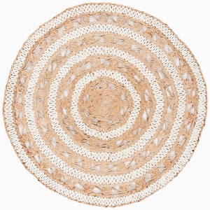 Natural Fiber Ivory/Beige 5 ft. x 5 ft. Woven Ornate Round Area Rug