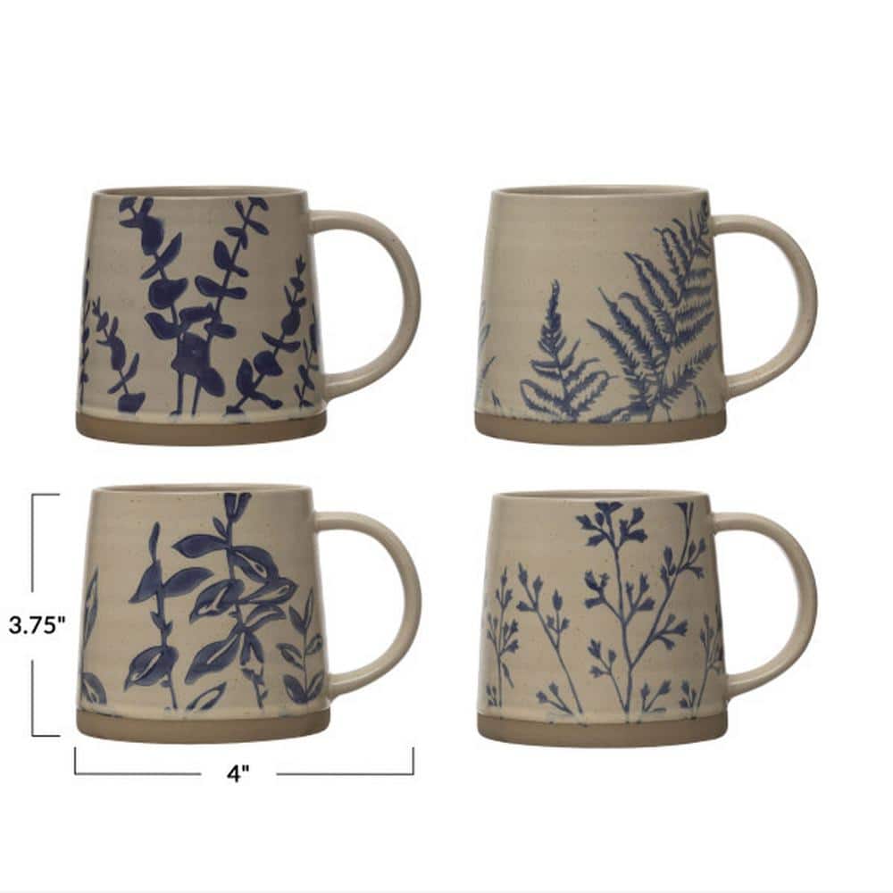 Hand Stamped Blue Botanical Ceramic Mugs Set of 4