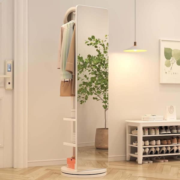 Unbranded White 17.7 in. W x 65.7 in. H 360° Swivel Full-Length Dressing Mirror Floor Mirror W/ Rear Storage Shelves and Coat Rack