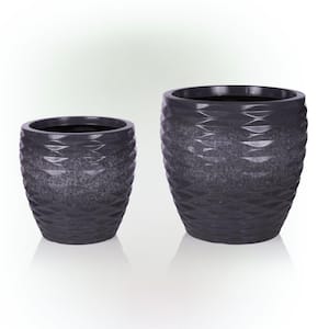 Indoor/Outdoor Embossed Stone Wave Planters with Drainage Holes, Speckled Gray (Set of 2)