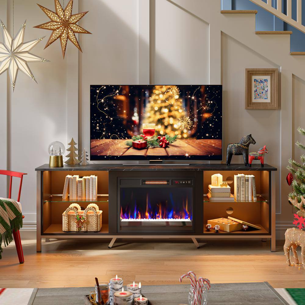Bestier 70.87 in. Black Marble TV Stand with Fireplace and Glass ...