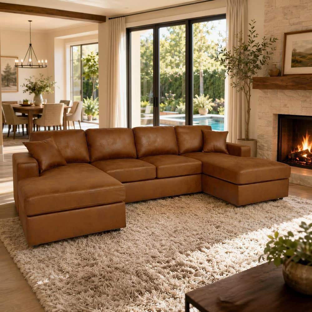 Modern 119 in. Square Arm 3-Piece Faux Leather U-shaped Sectional Sofa in Antique Brown with Double-Chaise price history on PriceWatchPro
